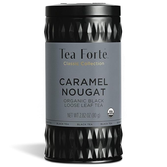 Tea Forte Caramel Nougat Premium Loose Leaf Caffeinated Black Tea Blend Canister, Makes 35-50 Cups, Round Canister