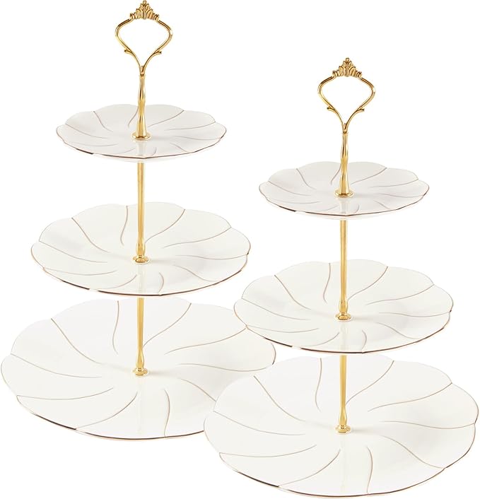 DUJUST 2pcs Porcelain 3-Tier Cupcake Stand Tower, British Style Serving Tray with Golden Trim, Food Grade Dessert Display Stand, Beautiful Gift for Tea Party & Home Décor