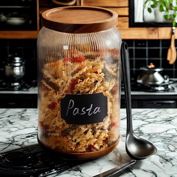 SAIOOL 2-Pack Striped Borosilicate Glass Airtight Canisters - Big mouth Large Capacity, Acacia Wood Lid, Food Storage Jars for Flour, Pasta, Pantry Organization (1 Gallon （2 Striped pack）)