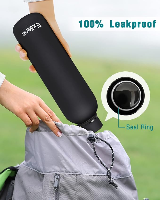 Slim Insulated Water Bottles for Travel 18oz with Clip, Double Wall Vacuum Stainless Steel Water Bottle Keeps Drinks Cold 24 Hrs/Hot 12 Hrs, 100% Leakproof, BPA Free(Black)