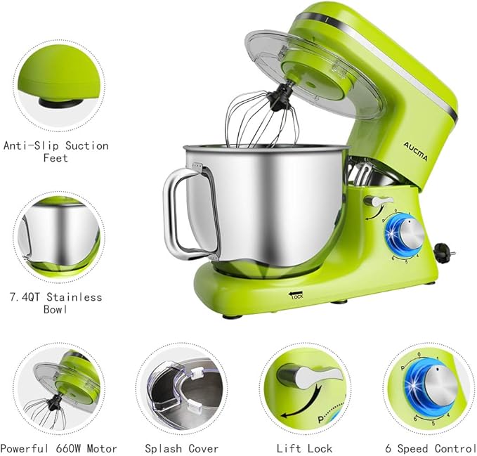Aucma Stand Mixer,7.4QT Food Mixers, Kitchen Electric Mixer with Dough Hook, Wire Whip & Beater (Green, 7.4QT)