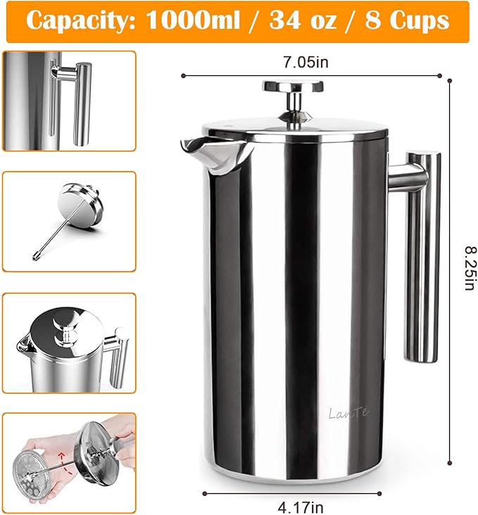 French Press Coffee Maker, Double Insulated 304 Stainless Steel Coffee Tea Maker 4 Level Filtration System, No Coffee Grounds, Rust-Free, Dishwasher Safe, 1000ml