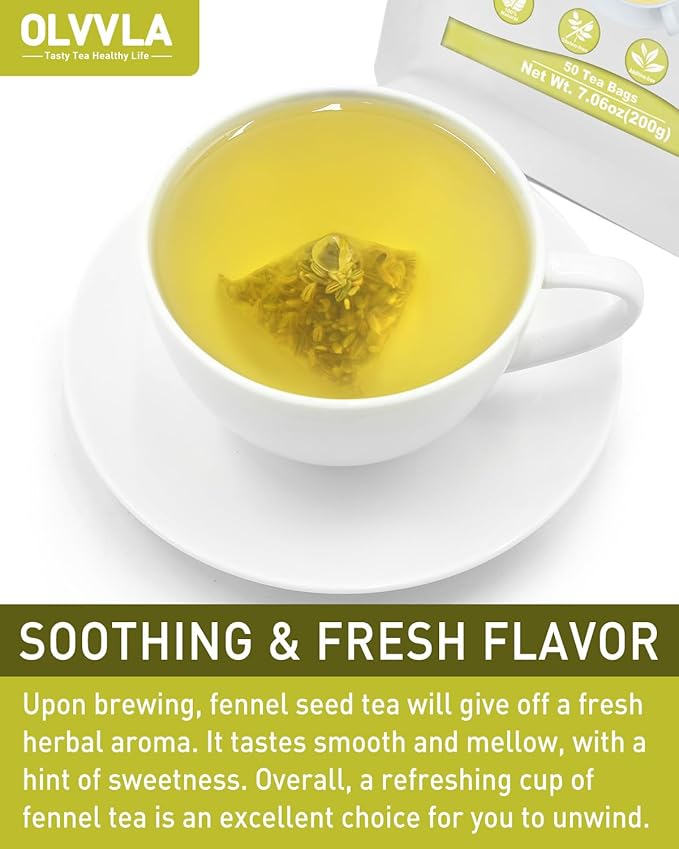 Olvvla - Premium Fennel Tea Bags - 4g X 50 Count - 100% Pure Natural Whole Fennel Seeds - Sweet & Smooth - Non-GMO - Caffeine-free - Support Digestion & Promote Relaxation