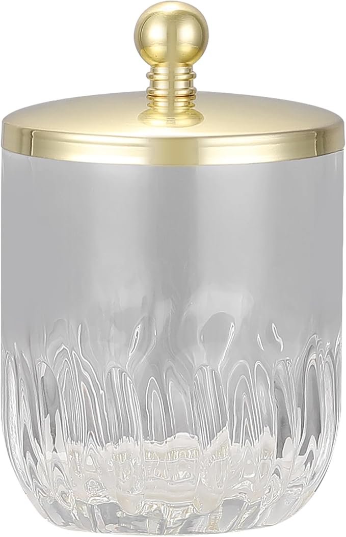 Glass Jar with Metal Lid for Bathroom Organization, Clear Apothecary Jar for Cotton Balls, Q Tips, and Small Accessories, Stylish Bathroom Storage Container Gold