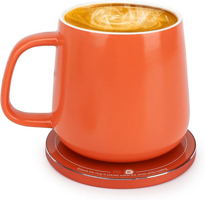APEKX Self-Heating Ceramic Coffee Mug - Stable 130°F Temperature, 15W Wireless Phone Charging, 12.8 fl oz Capacity - USB-C Enabled. (Tangerine)