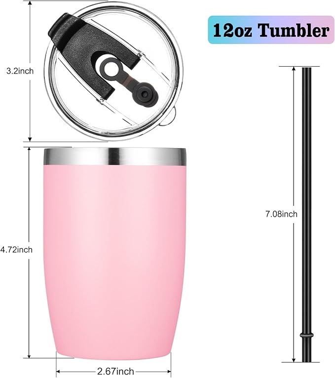 VEGOND Stainless Steel 12 oz Tumblers bulk Vacuum Insulated Double Wall Travel Tumbler with Lid and Straw Reusable Tumbler,Pink 12 pack