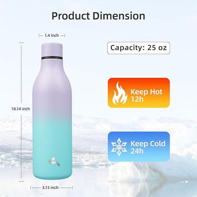 Insulated Water Bottle with Strap,25 oz Double Wall Stainless Steel Vacuum Bottles Metal Water Flask,Lavender Green