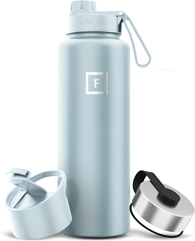 IRON °FLASK Camping & Hiking Hydration Flask with 3 Lids - Stainless Steel, Double Walled & Vacuum Insulated Water Bottle - Leak Proof & BPA Free (Morning Mist, Spout - 40 oz)