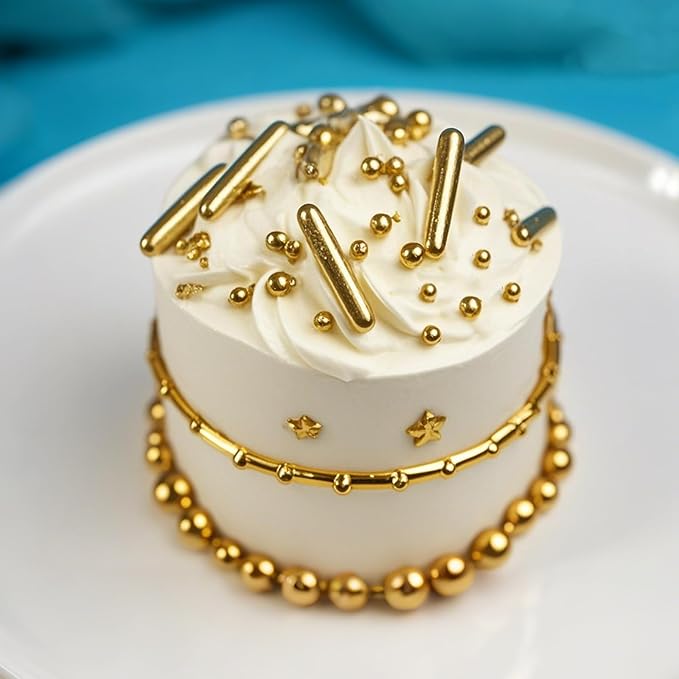Twisweet Gold Pearl Star Rods Sprinkles for Cake Decorating, Edible Sugar Pearls for Baking, Mix Size Cake Topper Ice Cream Cupcake Cookie Dessert Decorations, Wedding Valentines Birthday Christmas Easter Mother's Day Supplies (130g/4.58oz)