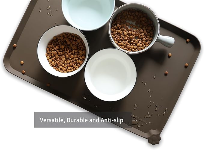 Hoki Found L Silicone Pet Food Mats Tray - Non Slip Dog Cat Bowl Mats Placemat - Pet Feeding Mat - Waterproof Dog Cat Food Mats -Pet Water Mats for Carpet - Coffee