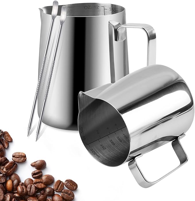2 Pack Stainless Steel Milk Frothing Pitcher, 12 Oz/350ml, with Latte Art Pen