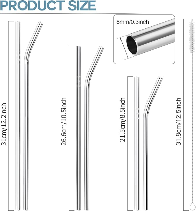 Set of 12 Reusable Stainless Steel Straws,0.31'' wide 3 Size - 12.2''10.5''8.5''Long Reusable Straw Chocolate Milk Straws with 2 Cleaning Brush for 10/20/30/40 oz