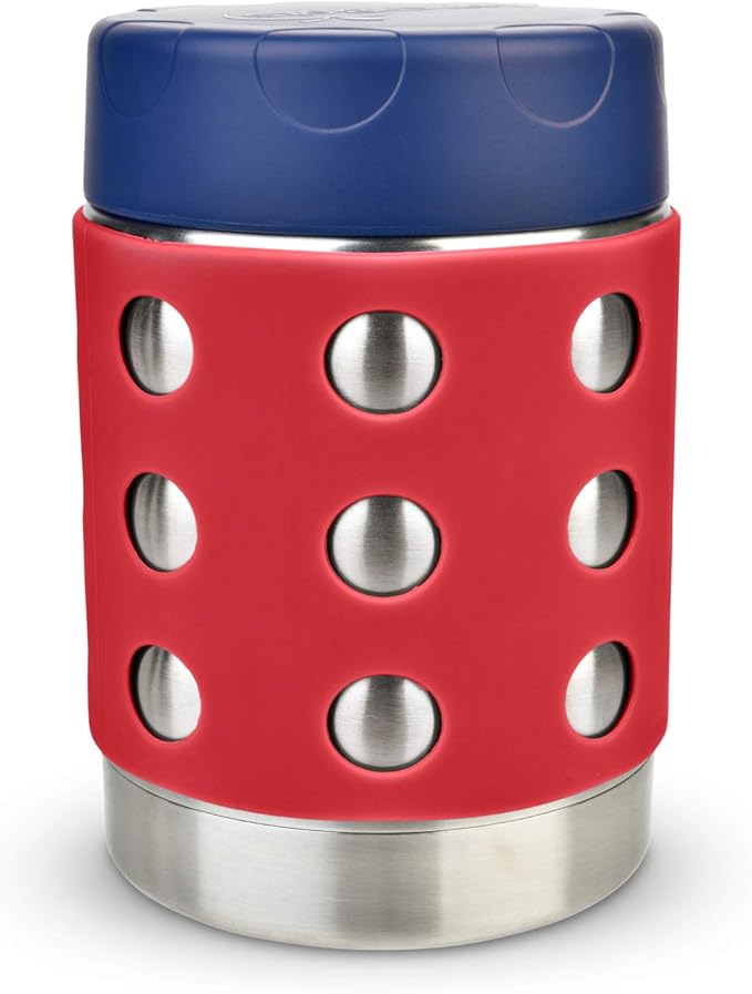 LunchBots Thermal 12 oz Triple Insulated Thermos - Hot 6 Hours or Cold 12 Hours - Leak Proof Thermos Soup Jar - All Stainless Interior - Navy Lid - Red Dots