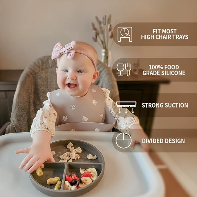 Moonkie Suction Plates for Baby | 100% Silicone BPA-Free Baby Plates with Lids and Food Cover | Divided Design | Microwave and Dishwasher Safe | Toddler Plates 3 Pack