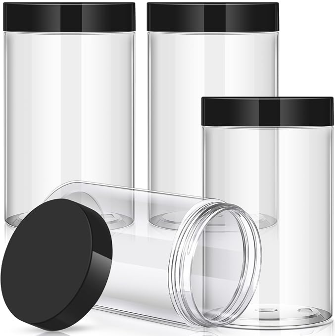 Patelai 4 Pieces Round Wide-mouth Leak Proof Plastic Container Jars with Lids for Travel Storage Makeup Beauty Products Face Creams Oils Salves Ointments DIY Making(32 Ounce,Black)
