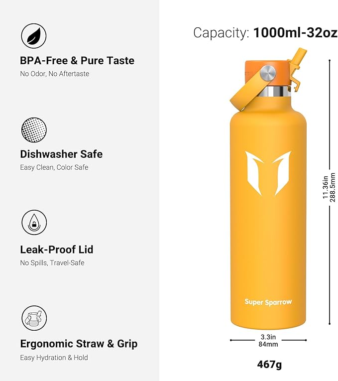 Super Sparrow Insulated Water Bottle - 17 Oz / 25 Oz / 32 Oz - Standard Mouth FlipFlow Flask - BPA Free, Leak Proof Drink Bottle- Ergonomic Straw Water Bottles for Work, Gym, Travel, Sports