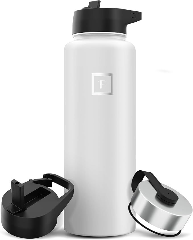 IRON °FLASK Camping & Hiking Hydration Flask with 3 Lids - Stainless Steel, Double Walled & Vacuum Insulated Water Bottle - Leak Proof & BPA Free (Winter White, Straw - 40 oz)