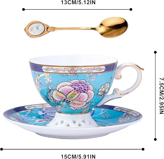 ACMLIFE Bone China Tea Cups, Tea Cup and Saucer Set for 1 Blue and White China Tea Cup 6.7oz Floral Vintage China Coffee Set for Women Party Gift Giving with Gold Trim and Gift Box