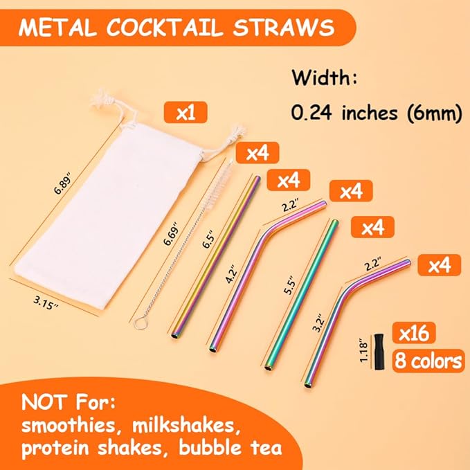 Lazycorner 16 Pcs Short Metal Straw, 6mm 5.5" 6.5" Kids Reusable Straw Silicone Tips Cleaner, Mini Small Stainless Steel Straws Fit 8 10 12 oz Tumbler/Wine Tumblers, Reusable Cocktail Straws(Rainbow)