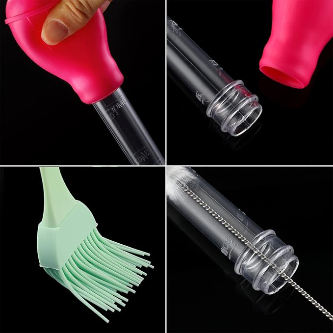 Nylon Heat-resistant Turkey Baster Cooking Set Includes Meat Baster, 1 Silicone Basting Brush and 2 Cleaning Brush for BBQ Grill Baking Kitchen Cooking (7 Pieces, Multicolor)