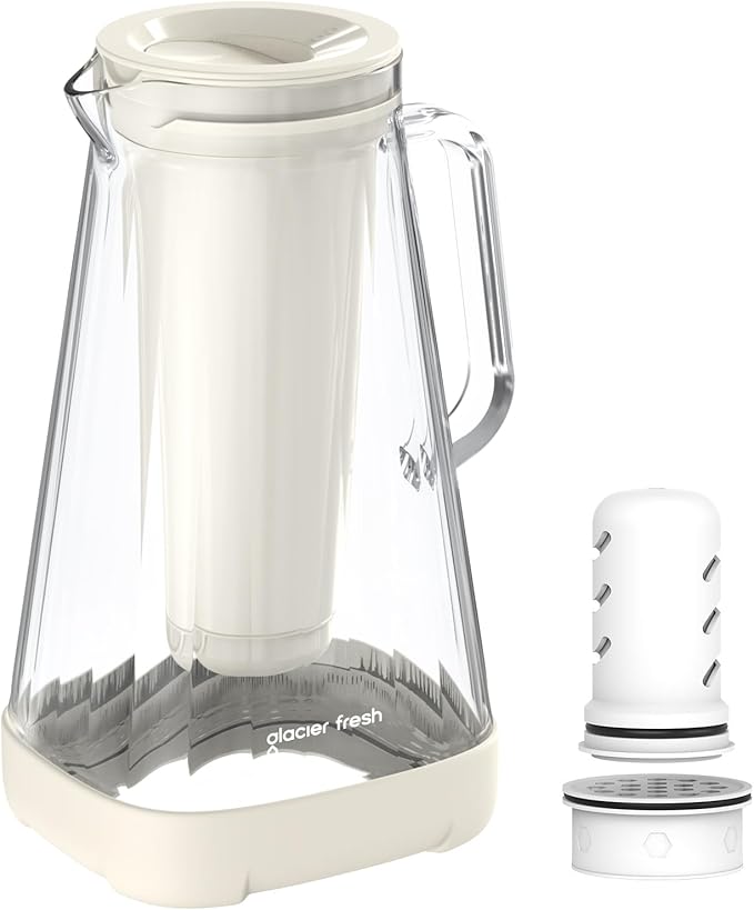 GLACIER FRESH 10 Cup Purela Glass Water Pitcher with 1.6X Flow Rate Upgraded Ultrafiltration Membrane and Activated Carbon Filter, Reduces 99% Chlorine, PFOA&PFOS, Coliforms, White