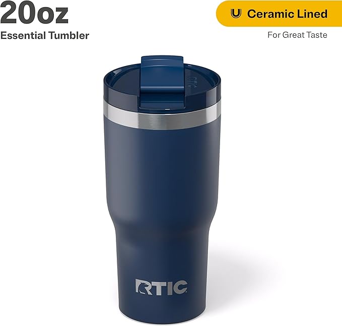 RTIC 20oz Essential Tumbler with Lid, Insulated, Stainless Steel, Metal, Double Wall Vacuum-Insulation, Ceramic Lined, Travel Cup for Iced Coffee, Tea, Hot and Cold Drink, Navy