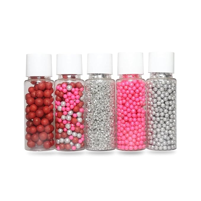Confect Assorted Edible Sprinkles Pack of 5 – Red, Pink & Silver Dragees with Silver Sparkling Sugar | Costume Party Disco Ball Mix for Cake & Cupcake Decoration | Vegan, Gluten-Free, Nut-Free, Soy-Free, Dairy-Free, Palm Oil-Free - 5 Oz