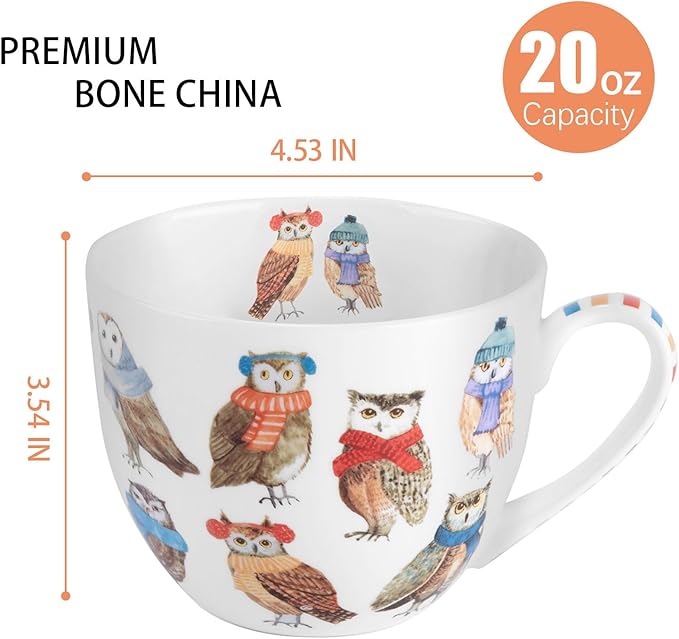 Cute Owl Coffee Mug, 20 oz Premium Bone China Mug with Charming Owls in Color Scarves and Hats—Cozy, Wise, and Perfect for Bird Enthusiasts, Designed in England by Harvest Green Studio