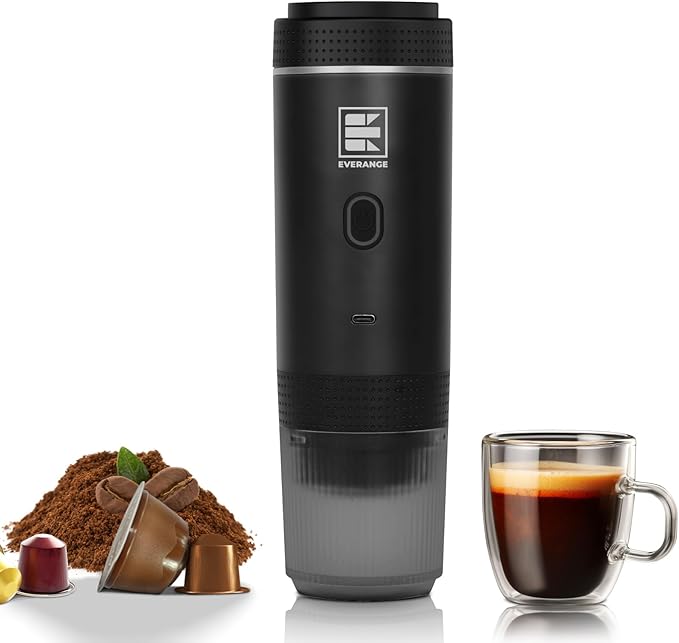 Portable Electric Espresso Machine, Car Coffee Maker for Travel Camping, Battery Powered Coffee Brewer Compatible with Ground Coffee & NS Capsules, Black