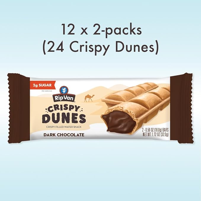 Crispy Dunes Vegan Dark Chocolate Wafer Sticks – Low-Calorie Snack with Dark Chocolate Cream Filling, 90 Calories, Non-GMO, Prebiotic Fiber - 12 Pack