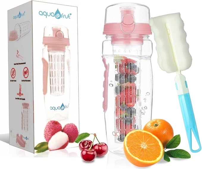 AquaFrut 32 OZ Fruit Infuser Water Bottle BPA-Free Fruit Infusion Sports Bottle - Flip Top Lid w Drinking Spout, Leak Proof, Made of Durable Tritan. Free Recipe eBook! (Rose)