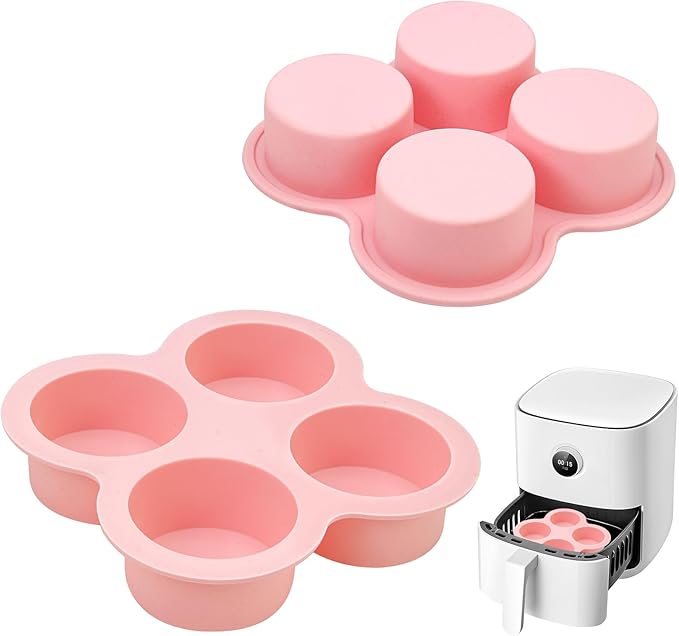 HUIKANGSHENG 2 Pack Air Fryer Egg Bite Molds, 4-Cup Silicone Mini Round Muffin Pans for Oven, Air Fryer & Pot, Reusable Non-Stick Baking Molds (Pink)