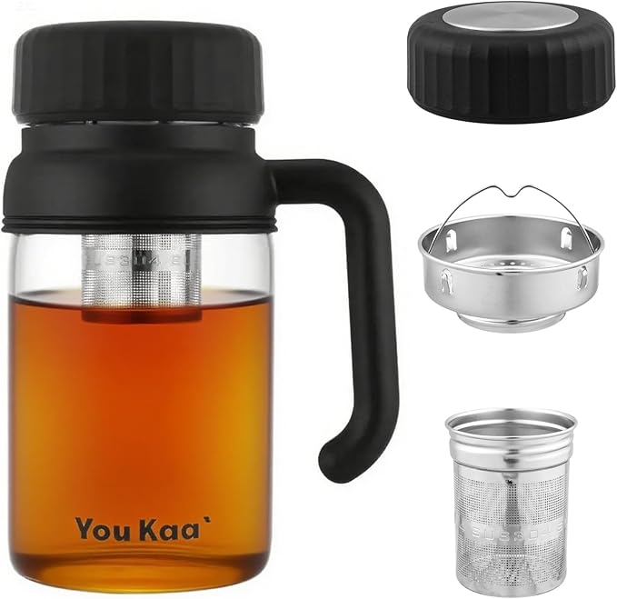 32oz Glass Water Bottle, Tea Bottle with Infuser & Handle, BPA-Free Leakproof Wide Mouth Large Tea Infuser Bottle for Hot or Cold Drinks, Loose Tea, Fruit (Black)