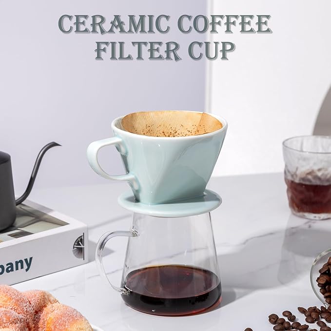 Pour Over Coffee Dripper, Ceramic Pour Over Coffee Maker with 3 Holes Flat Bottom, Easy Manual Brew Maker, Porcelain Slow Filter Cone for Travel, Camping, Office, Home, GR
