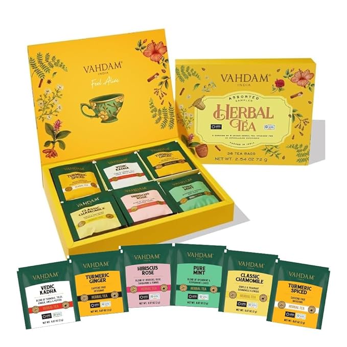 VAHDAM, Assorted Herbal Tea Variety Pack (6 Variants, 36 Tea Bags) Caffeine Free, Gluten Free, Non GMO | Eco Friendly Long Leaf Pyramid Tea Bags I Tea Gift Sets for Men and Women