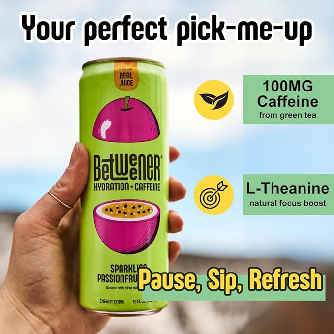 Betweener Sparkling Energy Seltzer, Sparkling Water w/Real Juice & 100mg Caffeine, Light & Refreshing, L-Theanine for Focus, Vitamins B+C - Low Sugar - 45 Cals - Variety Pack (12 Pack)
