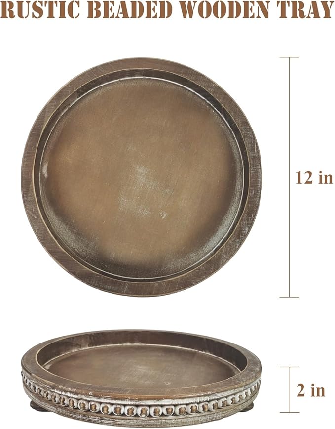 12 Inches Rustic Wooden Decorative Tray, Small Round Beaded Wood Tray for Kitchen Dinning Table Centerpiece Decor Entryway Living Room Home Decor, Brown