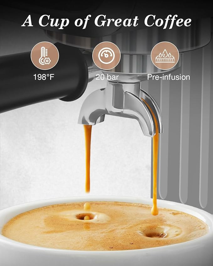 Espresso Machines 20 Bar with LED Touchscreen, Adjustable Temperature(185~203°F) Timing(25~60s), Compact Stainless Steel Coffee Maker with Milk Frother Steam Wand for Home Cappuccino & Latte Maker