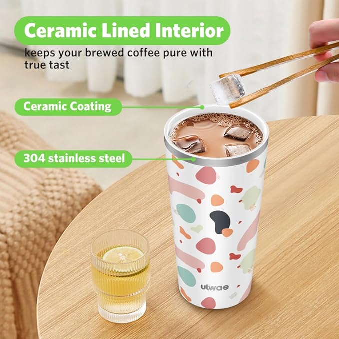 Insulated Coffee Mug with Ceramic Coating, 18oz Travel Mug with Leak-proof Lid, Vacuum Double-wall Tumbler, Stainless Steel Thermal Cup for Tea, Hot Cocoa, Cold Beverage, Ice Drinks