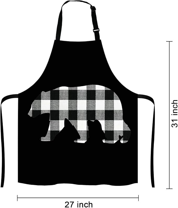 Black and White Buffalo Plaids Bear Apron Home Kitchen Waterproof Cooking Baking Gardening for Women Men
