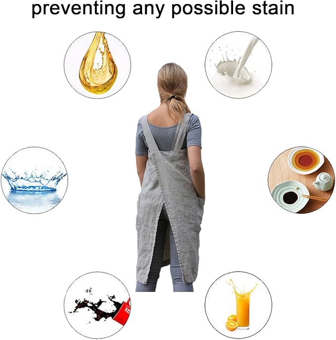 ZQFFB Pinafore Cross Back Apron for Women with Pockets Japanese Smock for Work Gardening Cooking Painting Baking