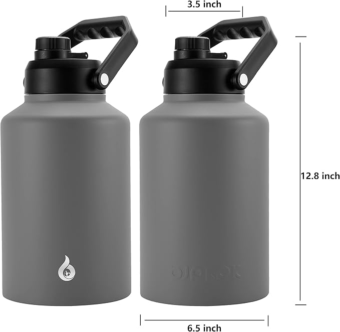 BJPKPK One Gallon(128 oz) Insulated Water Bottle, Dishwasher Safe Stainless Steel Thermos, BPA Free Jug with Ergonomic Handle & Anti-slip Bottom, Large Water Bottle, Grey