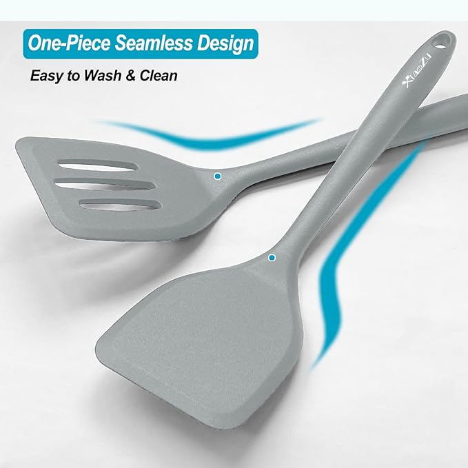 Silicone Spatula Turner Set, High Heat Resistant Spatulas with Seamless One Piece Design, Nonstick Rubber Flippers Utensils for Baking & Cooking,BPA-Free, 2 pack,Black (Grey)