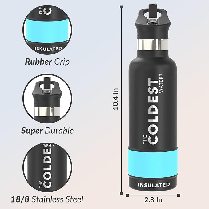 Coldest Insulated Water Bottle with Straw Lid - Stainless Steel Metal Insulated Bottle for Men & Women (Matte Black, 21 oz)