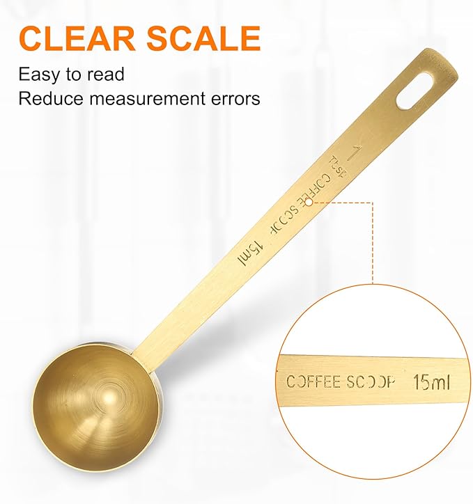HARFINGTON 3pcs Coffee Scoop Spoon 1tbsp (3tsp, 15ml) 304 Stainless Steel Long Handle Teaspoon/Tablespoon Measuring Spoons Scoops for Tea Sugar Kitchen, Gold
