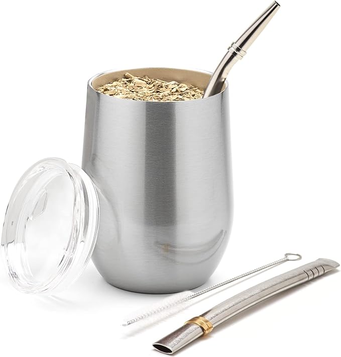 BALIBETOV 5 pcs large Yerba Mate Cup and Bombilla Kit, Includes one 12 oz Yerba Mate Gourd with Lid, Two Bombillas Mate Straw and one cleaning brush | Stainless steel | Double Walled