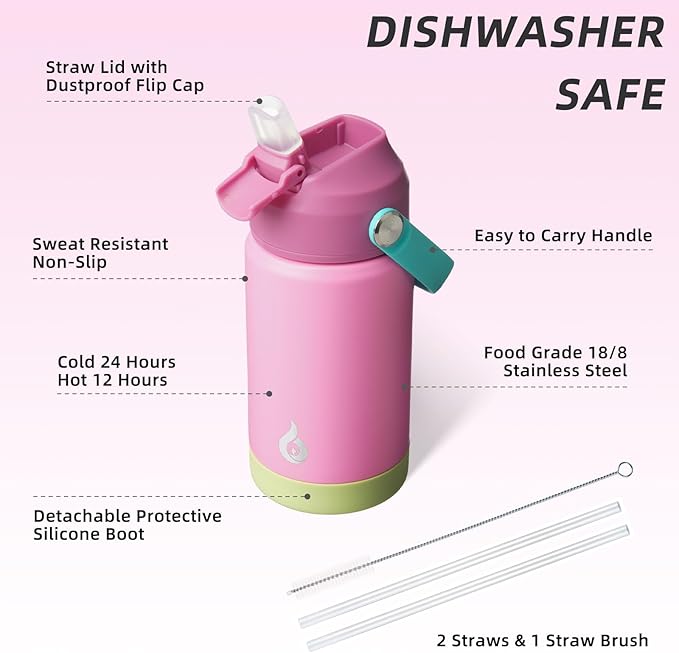 BJPKPK Insulated Water Bottle with Straw Lid, 12oz Thermos Water Bottles, Flex Handle & Non-slip Boot, BPA Free Leak Proof Stainless Steel Metal Thermos, Tumblers, Cups,Rose Pink
