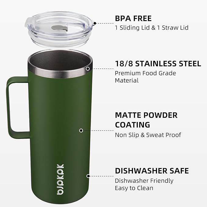 BJPKPK Insulated Coffee Mug with 2 Lids, 32oz Stainless Steel Insulated Tumbler with Handle, Double Wall Vacuum Coffee Cups, BPA Free Travel Mug for Coffee, Tea and Drinks, Forest Green