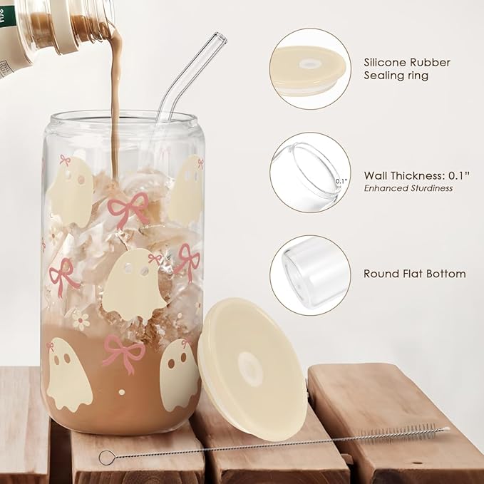 Halloween 16oz Can Glass Tumbler with Acrylic Lid & Straw, Iced Coffee Cup for Women Girls, Aesthetic Cups Gifts for Party