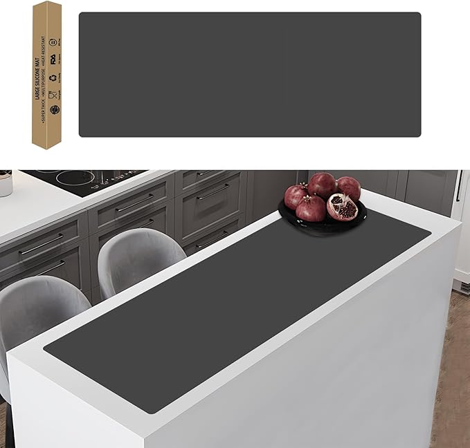 49.2"x15.7"(125cmx40cm) Large Silicone Mats for Kitchen Counter, Non-Slip Placemats, Heat Resistant Countertop Protector, Waterproof Craft Mat, Dark Gray